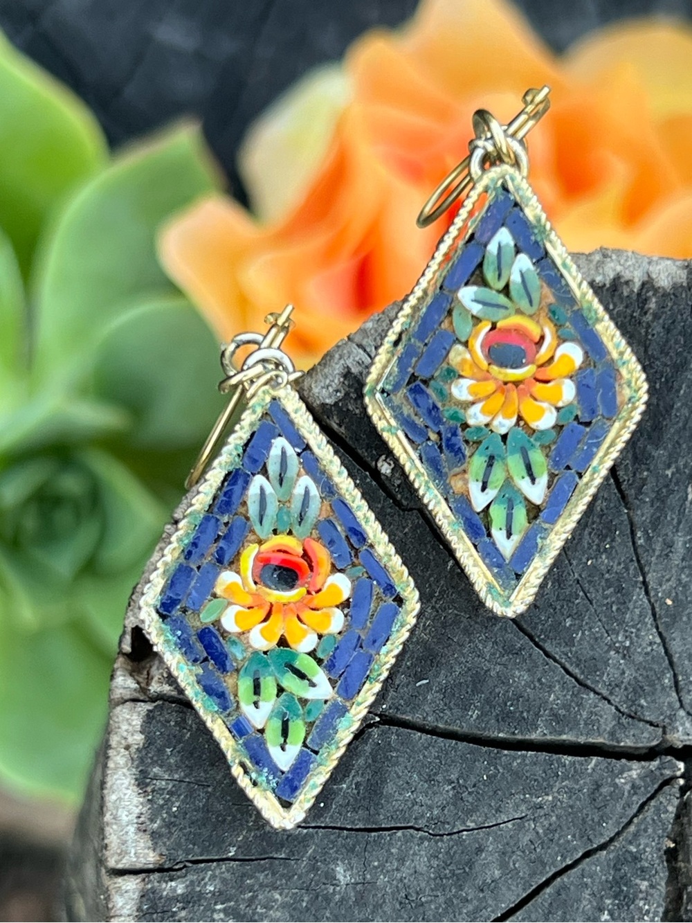 Vintage Micro Mosaic Floral Diamond Dangle Earrings